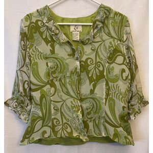 ICE Womens 100% Linen, Lined 3/4Sleeve Blouse LG Green Paisley Button Up Ruffles